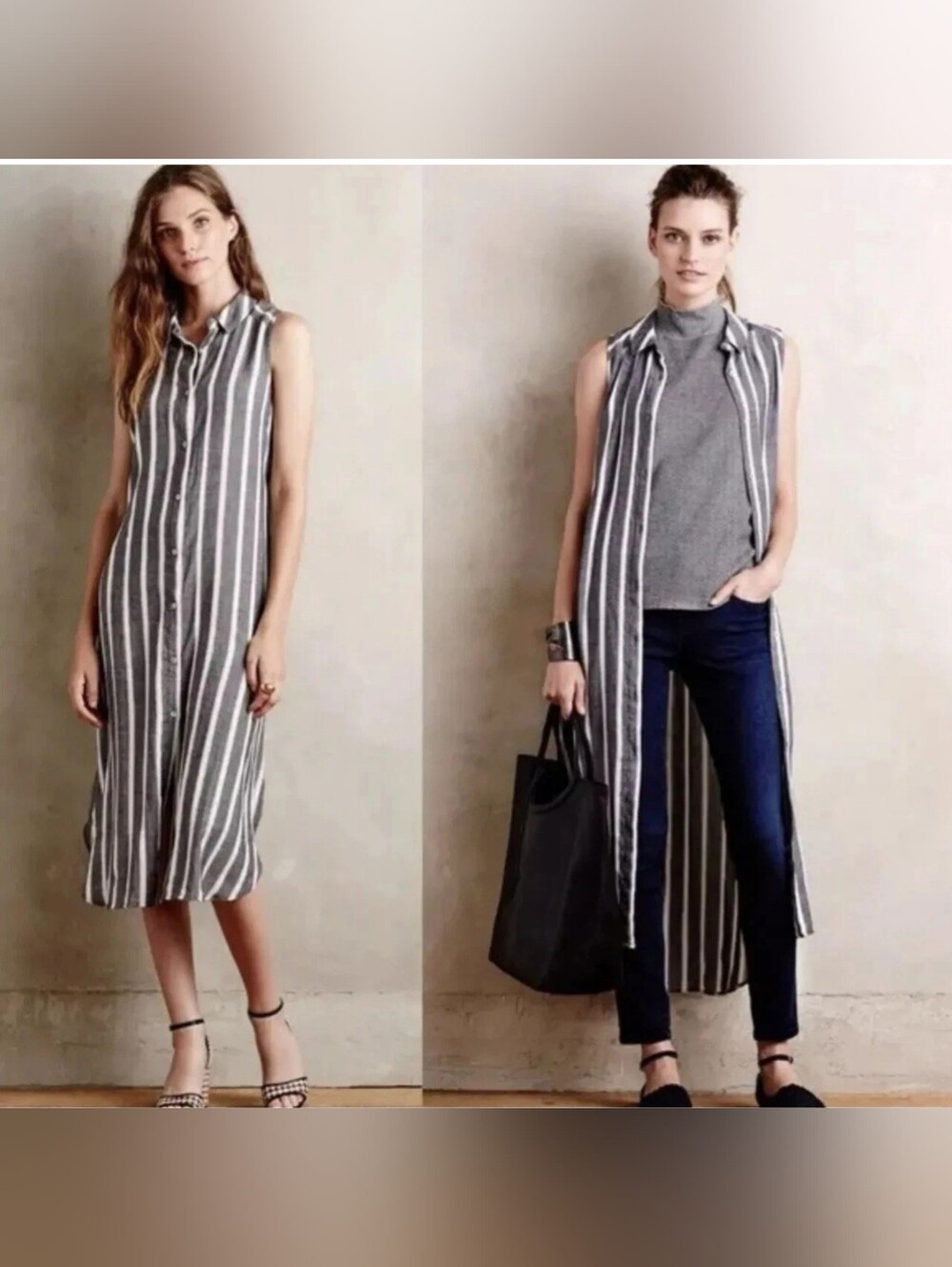 Anthropologie Holding Horses Knoxville Dress Sz 6P Gray White Striped Midi